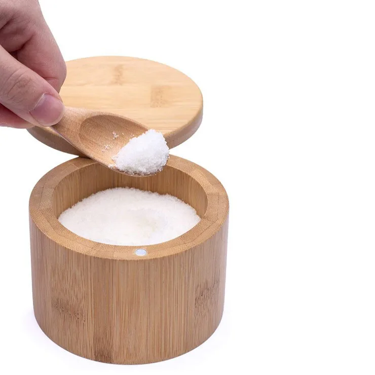Small Organic Round Bamboo Wood Salt and Spice Pepper Spoon Container Pot Box Jar Wood With Removable Lid Bamboo Wood Salt Box