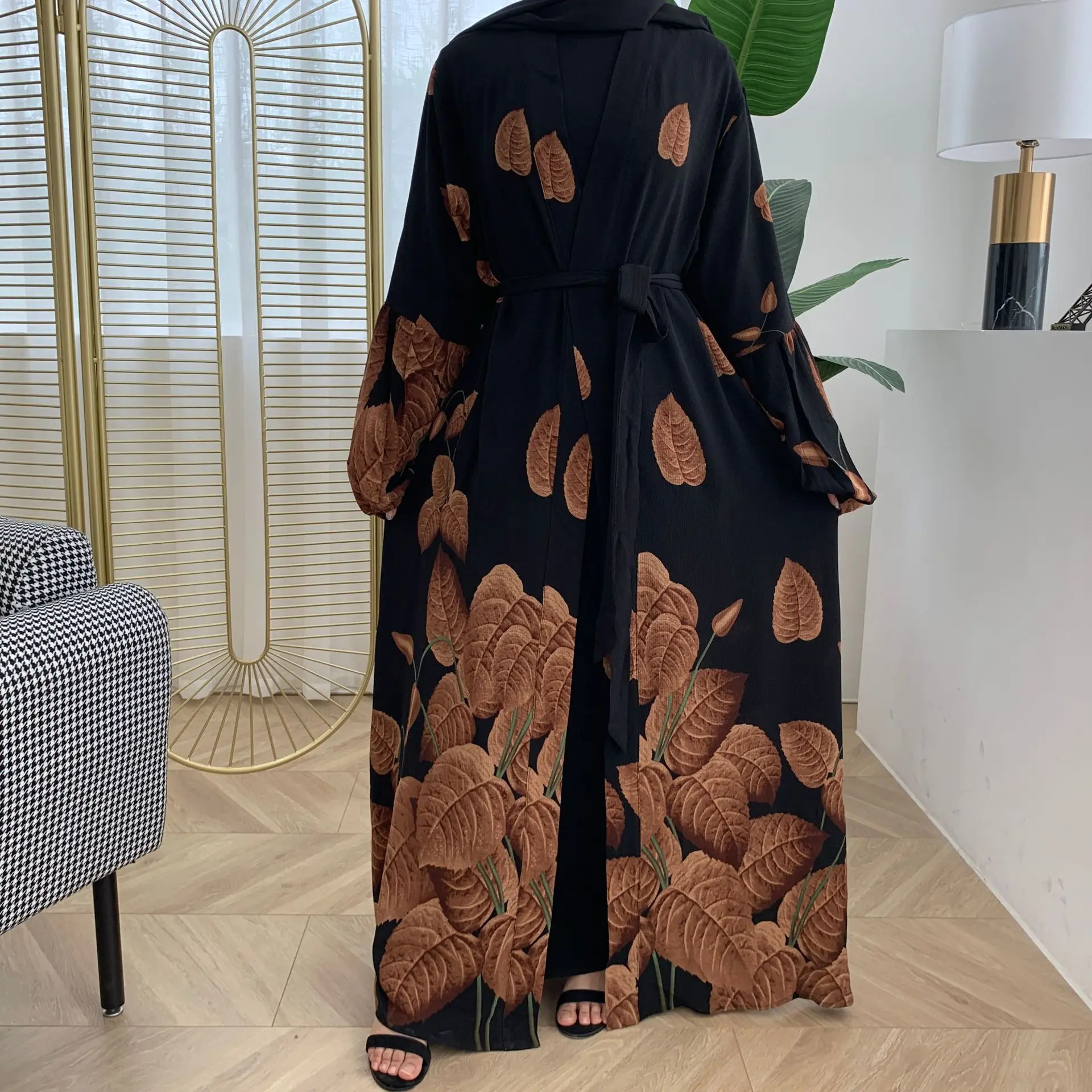 Ramadan New Arrival Bubble Chiffon Leaf-Print Abaya Long Gowns Jubah Middle East Arab Islamic Clothing