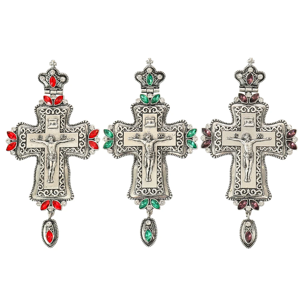 ZD034 Alloy Orthodox Greek Pectoral Cross Necklace with Antique Silver Plated and  Various Customized Stone colors