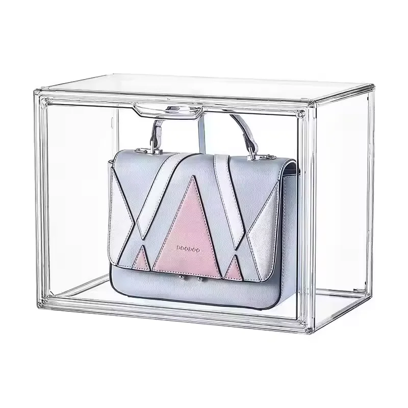 Custom Dustproof Clear Acrylic Display Case Multipurpose Handbag and Shoe Box Storage Organizer with Magnetic Door