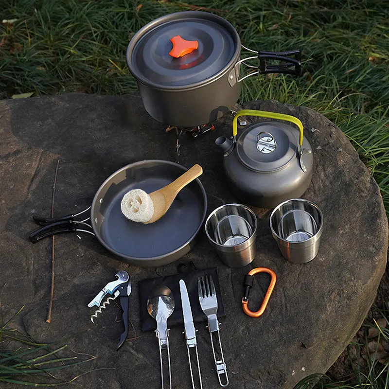 Outdoor Picnic Tableware Equipment 2-3 People Camp Cooking Set Aluminum Camping Cookware Pan Pot Bowl Spoon Fork Utensils