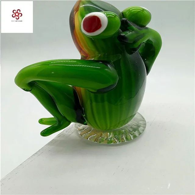 Hand Blown Funny Murano Glass Craft Figurine Green Frog
