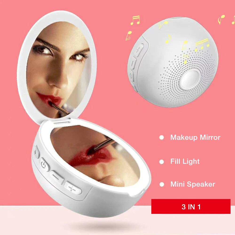 
Mini Wireless Bluetooth Speaker 3 In 1 USB Charging Portable Makeup Mirror With LED Fill Light 