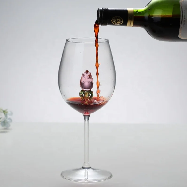 New Design Inserted Long Stem Wine Crystal Glass Goblet With Pink Rose Flower Glass Inside