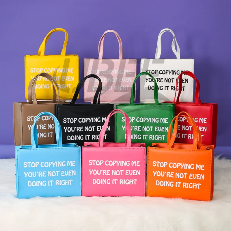 New Arrival Vegan Leather Candy Color Logo Stop Copying Me The Tote Bag Handbags For Women Luxury Bags Women Handbags Ladies