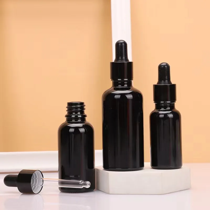 Bright Black Essential Oil Bottle Thread Glass Bottle Mouth Black Dropper Cap Bottom Non-Slip Treatment 5ml 10ml 15ml 20ml