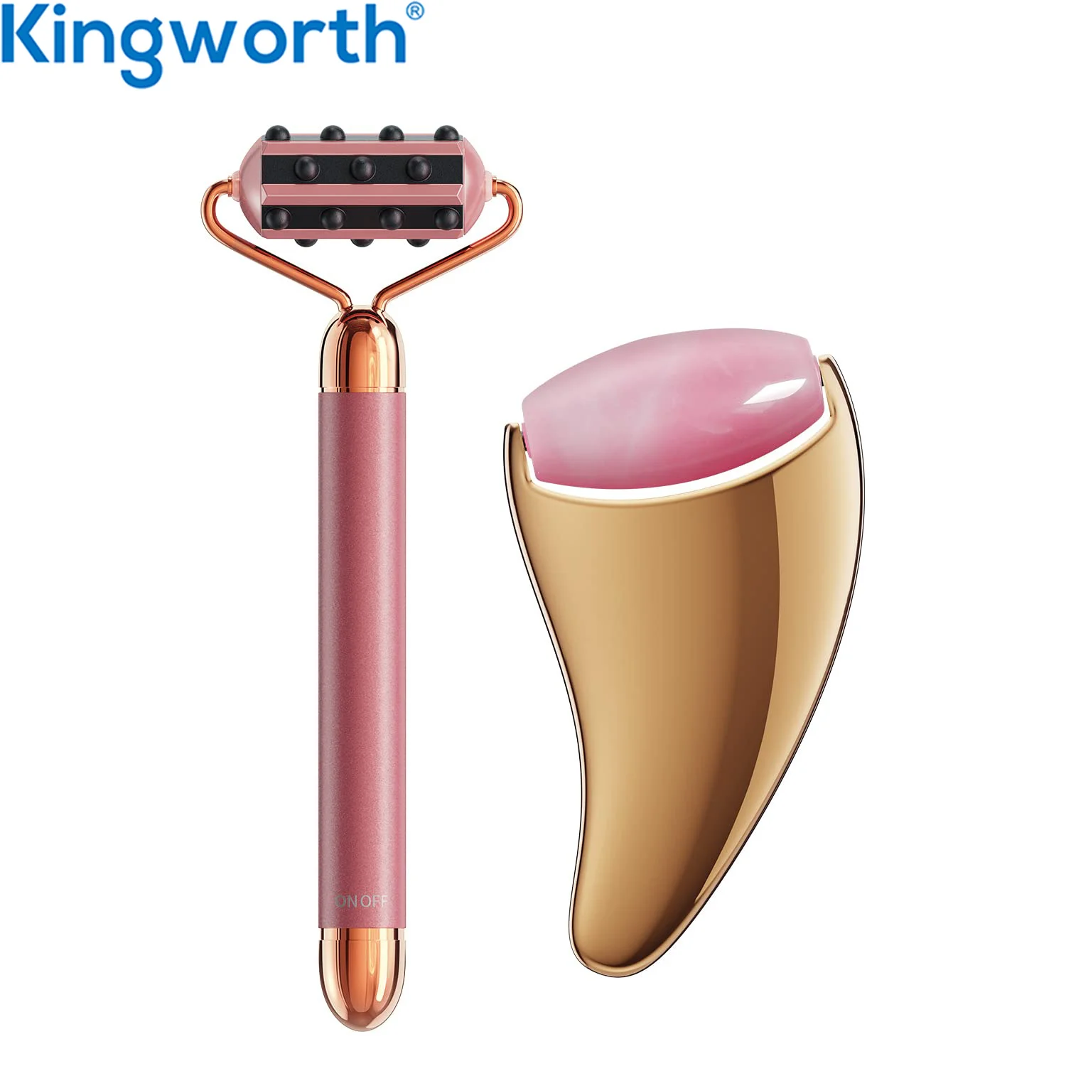 Kingworth Electrical Face Massager Stainless Steel Gua Sha Set 3D Roller Germanium Rose Quartz Face Roller