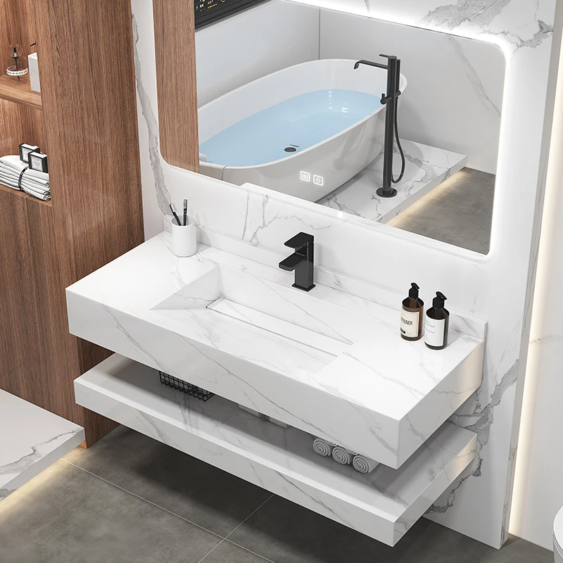 Double-Layer Bathroom Furniture Wall Hung Hand Wash Basin Artificial Stone Bathroom Vanity Sink Marble Cabinet Basin