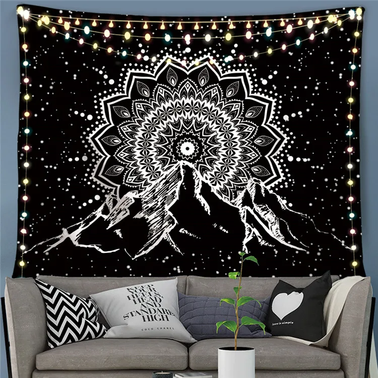 Black and White Moon Mountain Wall Tapestry for Bedroom Mandala Trippy Aesthetic Hippie Tapestries