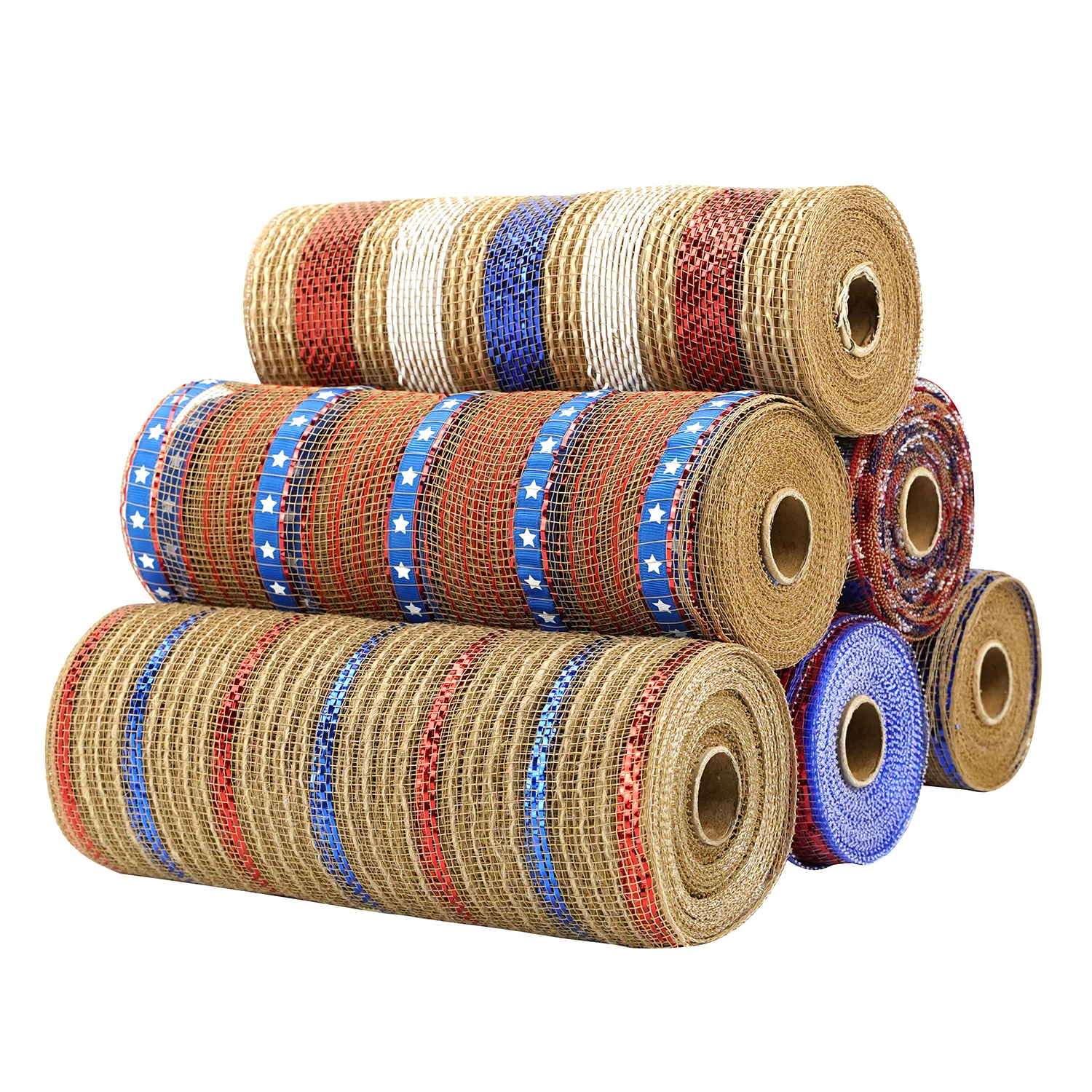 Huihuang Factory Custom Deco Metallic Mesh Foil Striped Plaid Mesh Rolls For Diy Independence Day Project Wreaths Party Decorate