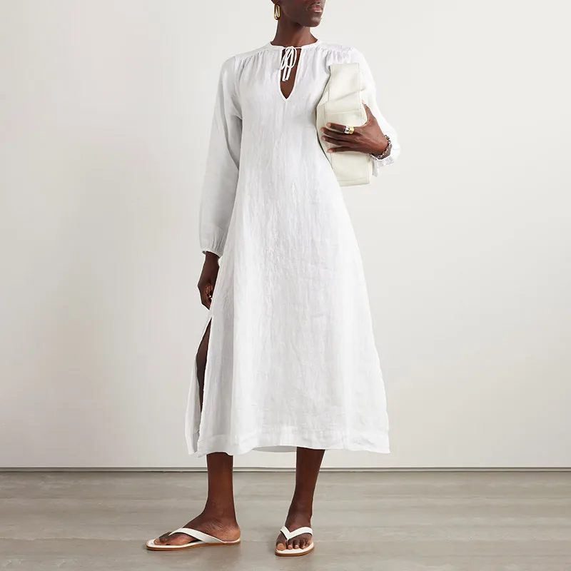 Customized natural linen fabric women midi dress v neck solid color spring summer cotton linen dresses for women