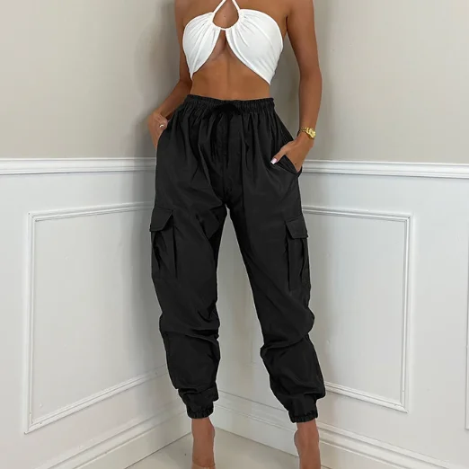 S976L Solid color slacks with neutral overalls and waist pockets for women fashion clothing