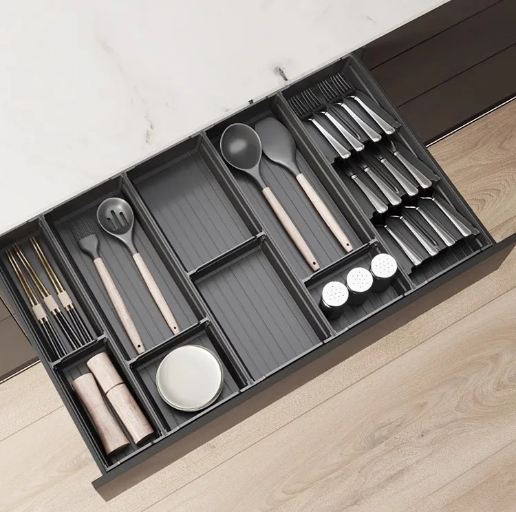 Goldmine aluminum cutlery tray with moving dividers forks spoons storage tray utensil cabinet drawer organizers