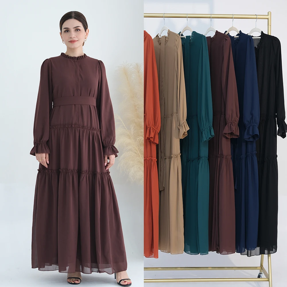 Traditional Muslim Clothing Long Sleeve Solid Color Muslim Maxi Dresses Chiffon Modest Layered Muslim Dress for women