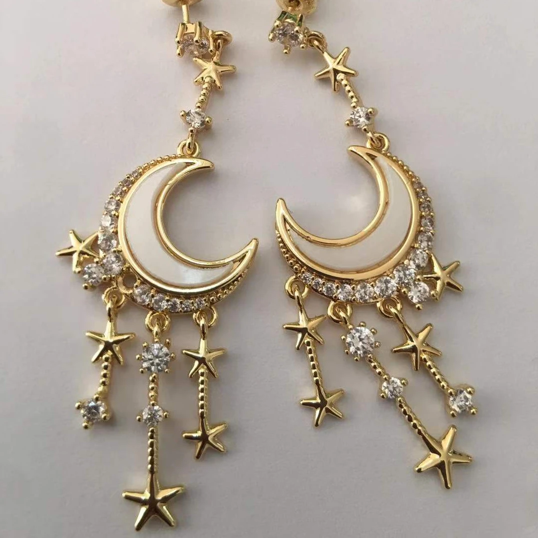 Customized colorful zircon moon star dolphin butterfly flower brass dangle hoop earrings for girls