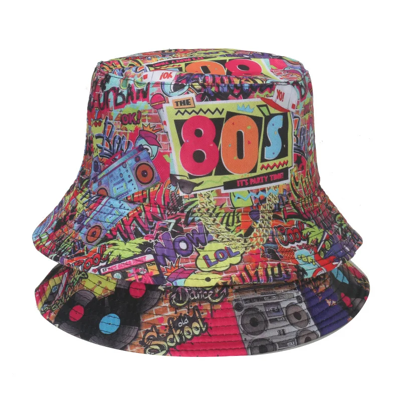 Vintage 80s 90s Bucket Hats Sun Visor Hat Music Rock Style Double-Sided Printed Disco Party Fisherman for Women Men