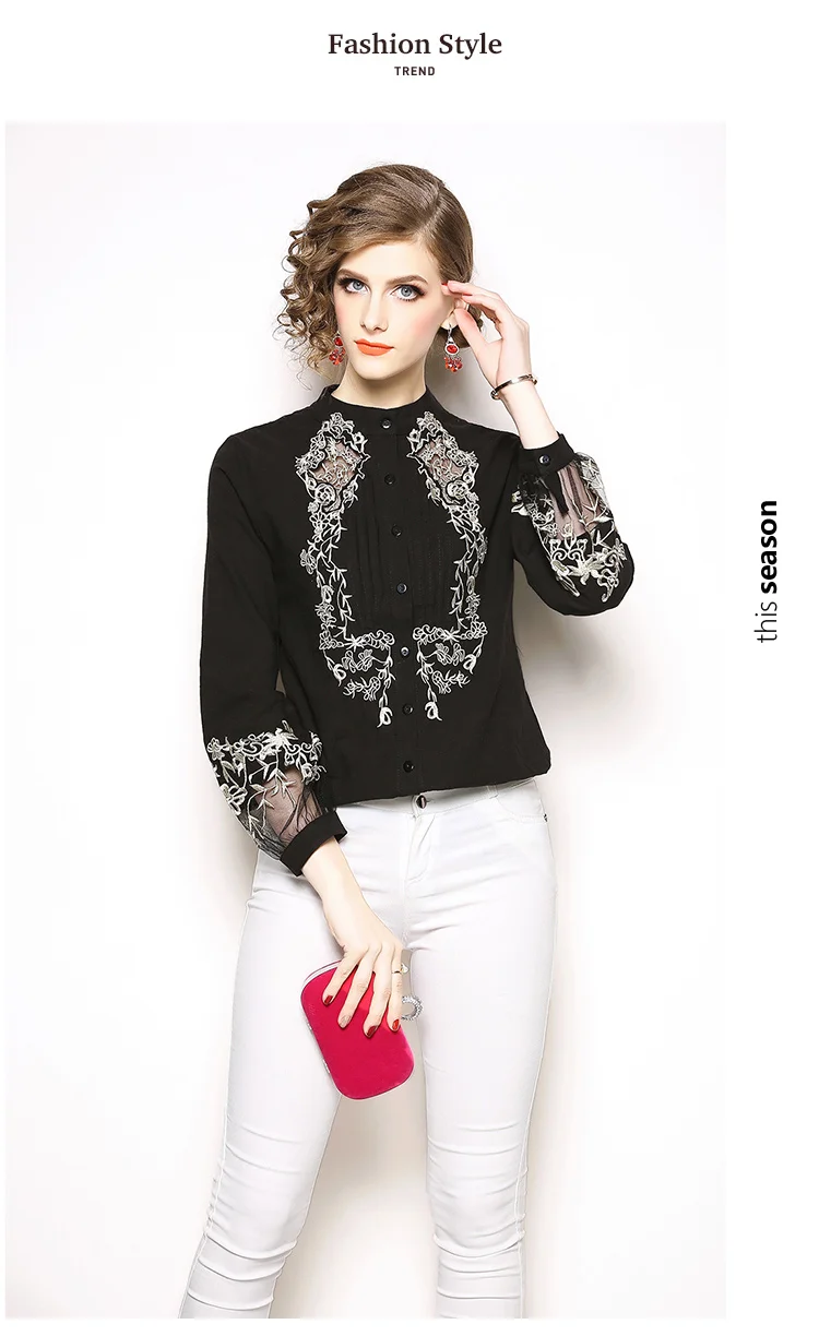 Made In China Latest Design Spring Autumn Slim Long Sleeve Lapel Black Casual Fashion Custom Print Ladies Blouses And Tops