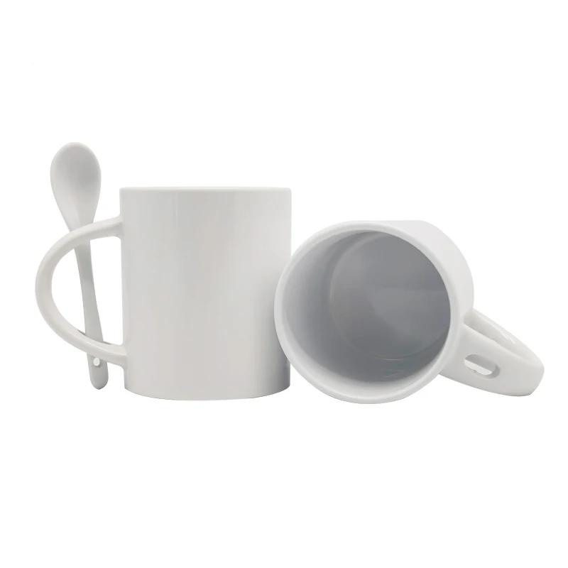 Promotional Advertising 11oz white ceramic mug coated sublimation mug with spoon