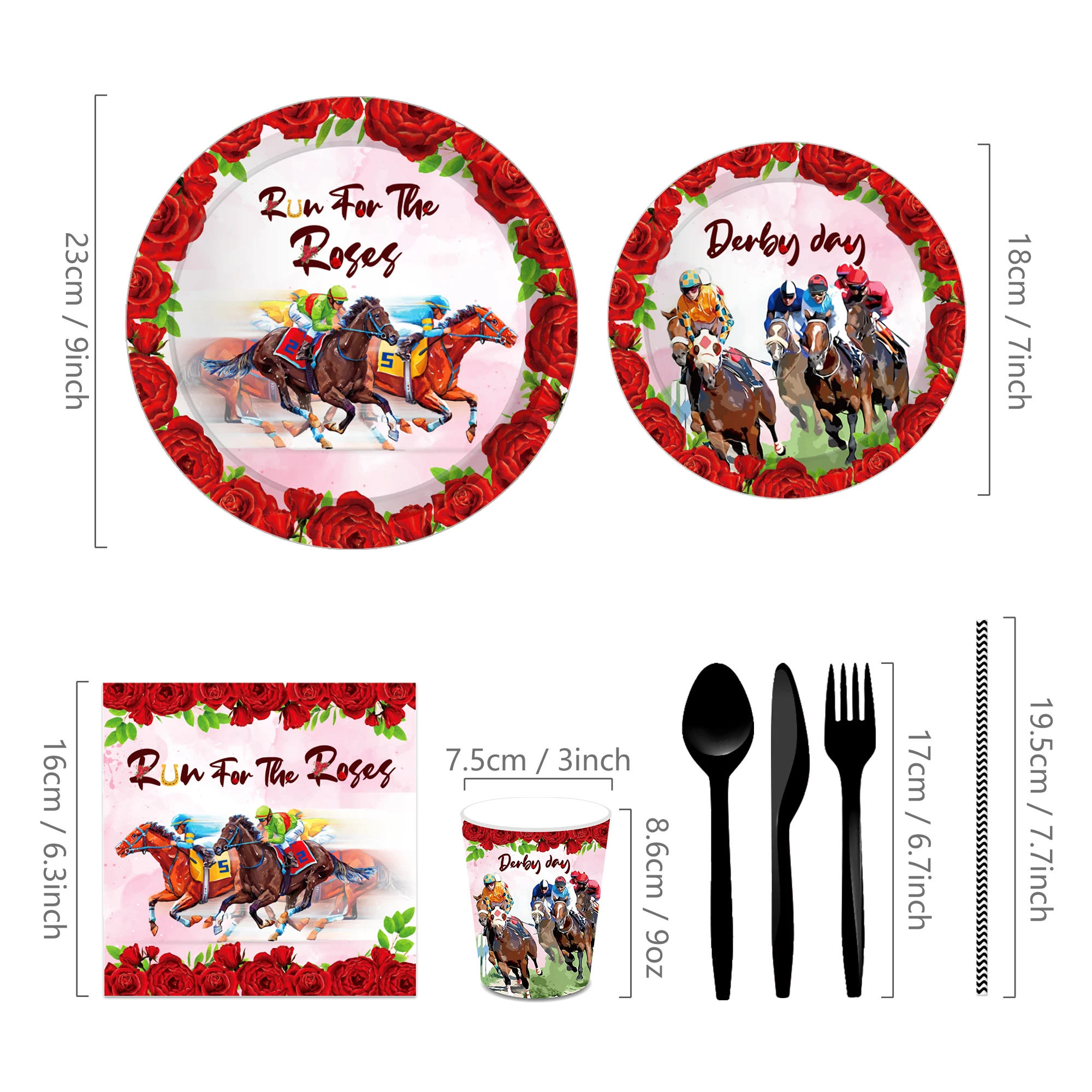 Huancai Derby Day Party Supplies Run For The Roses Paper Plates Cups Napkins Disposable Tableware Set for Horse Race Party Decor