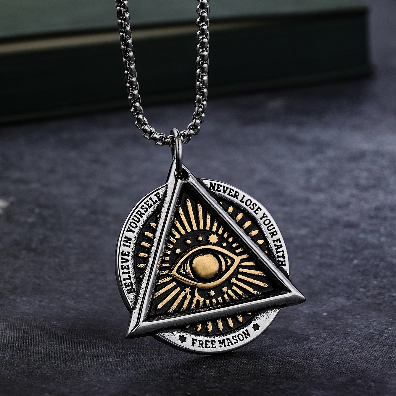 Never Lost your Faith Illuminati All Seeing Eye Stainless Steel Freemason Masonic Pendant Necklace for Men Women