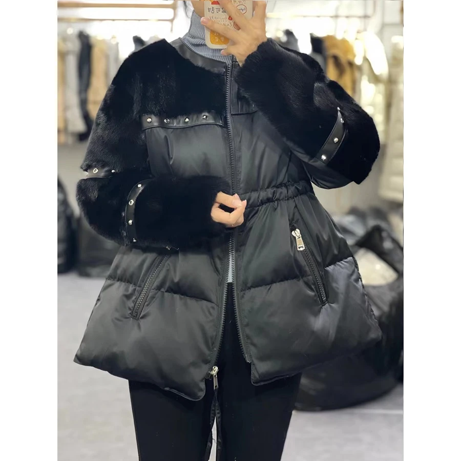 OFTBUY 2023 Fashion Winter White Goose Feather Down Short Jacket Real Mink Fur Shawl RivetedCoat Women Loose Streetwear