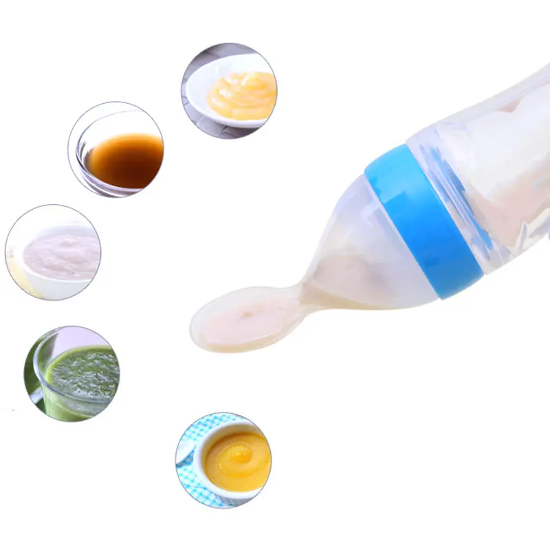 90ml Silicone Baby Squeeze Bottle with Spoon, BPA Free Baby Food Bottle Squeeze Feeder Baby Feeding Supplies