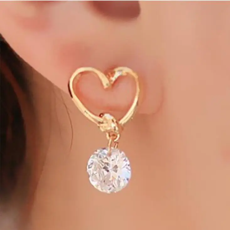 Fashionable Gold Hollow Heart Shaped Earrings Round Rhinestone Pendant Dorp