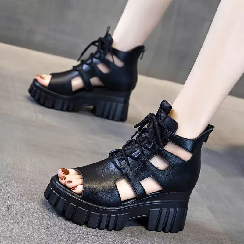 Black women High-heeled Platform slippers PU leather Hollowed-out Breathable Thin Roman shoes Thick Sole Beach sandals