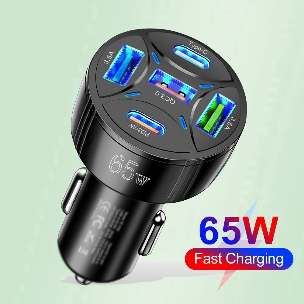 65W USB Car Charger Fast Charging 5 Ports PD Type C Car Phone Charger Adapters For Phone Xiaomi Samsung Quick Charger In Car