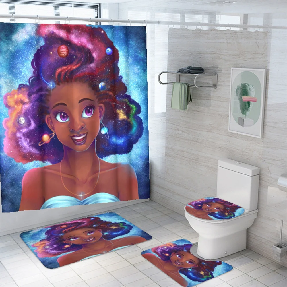 Digital Printing Waterproof Shower Curtain Bathroom Africa Woman Three-piece Set European and American Black Girls Bath Curtain