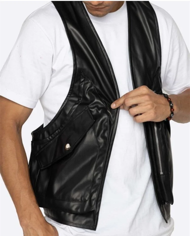 KY New Street Wear Fashion Sleeveless Wholesale Faux Leather Jackets Veste Homme Stacked Pants