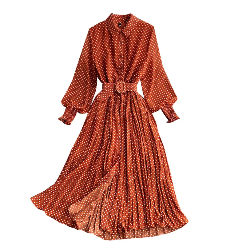 Polka Dot Blouse Collar Long Sleeve Dress 2021 Spring and Autumn New Elegant Chiffon Dress Waist-Controlled Pleated Long Dress