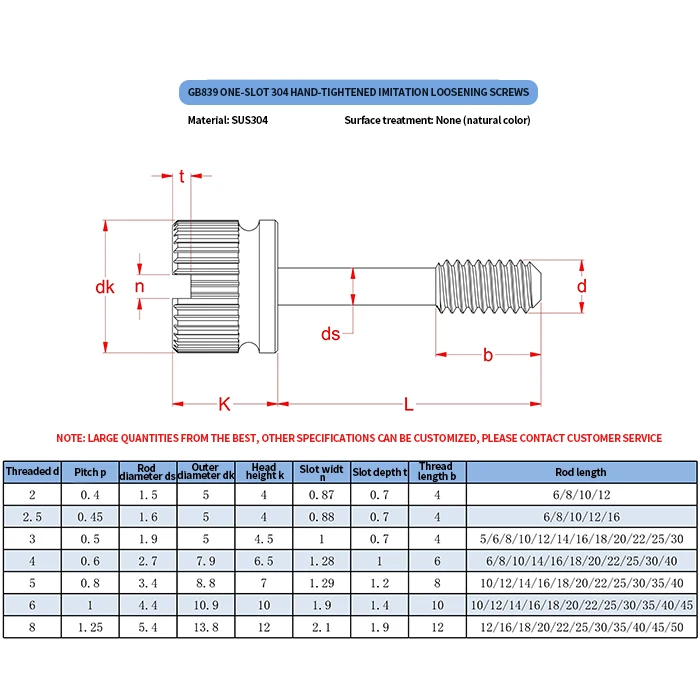 GB839 304 Stainless Steel M2/M2.5/M3/M4/M5/M6/M8 Custom Knurled Thumb Screws With Waisted Shank Non-falling Slotted Lock Screw