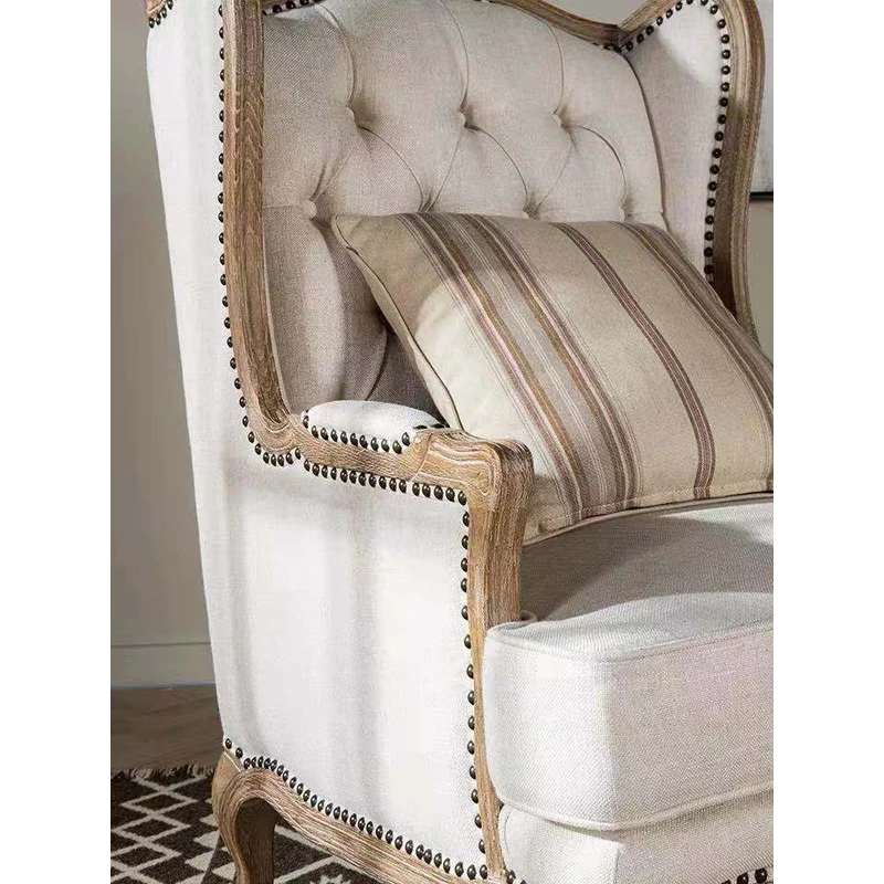 Antique Single Sofa Wooden Frame Linen Fabric Aerican Style Accent Leisure Chair