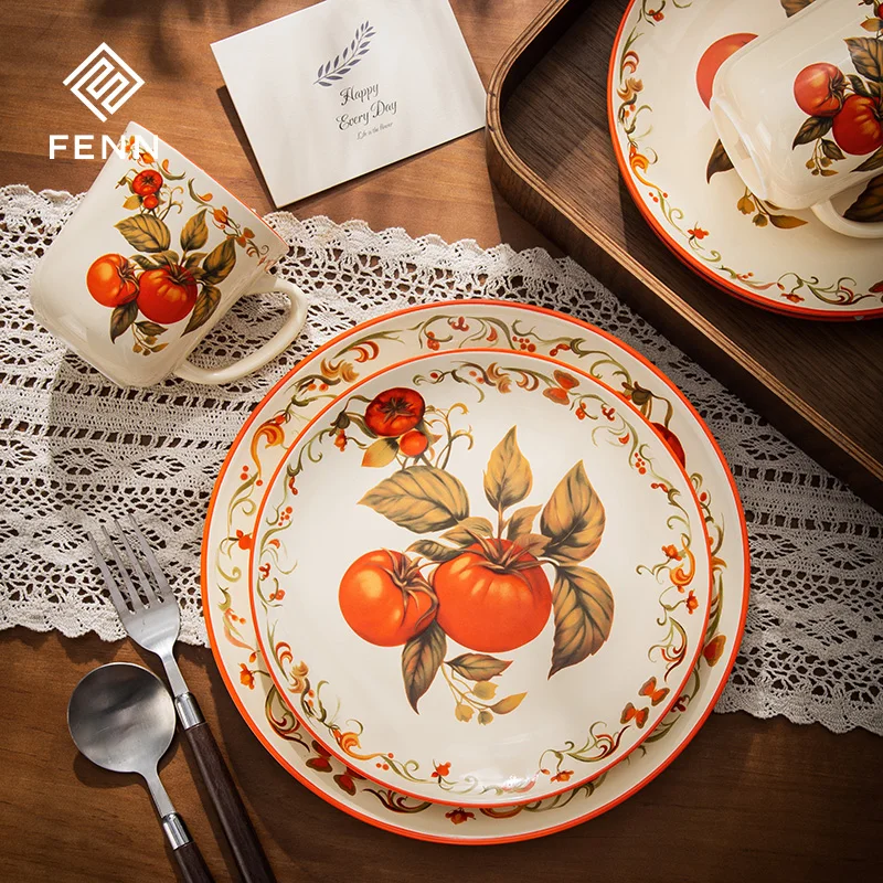 Custom porcelain plates wholesale ceramic dish tableware for home hand-painted tomato pattern crockery dinner set with mugs