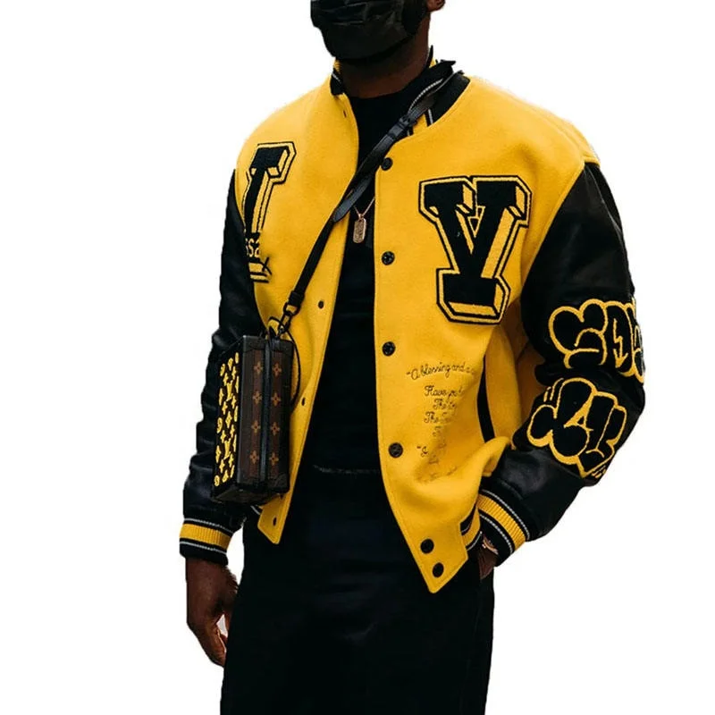 Chenille Embroidery Baseball Jacket Custom Logo Stitching Leather Sleeve Uniform Cardigan Jacket Men Bomber Jacket Coat