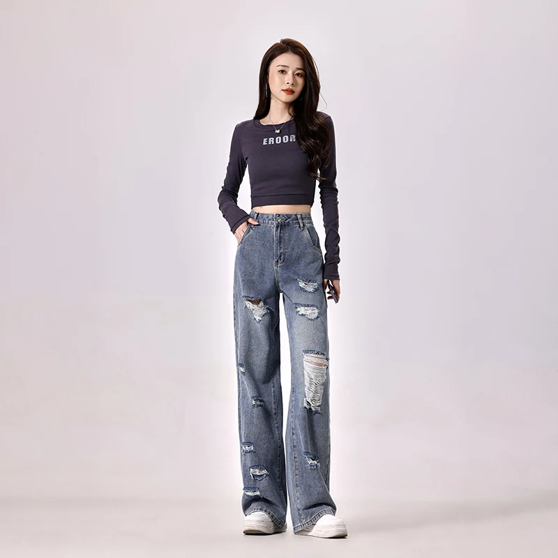 slim denim custom buttons jeans womens waisted loose jeans women straight