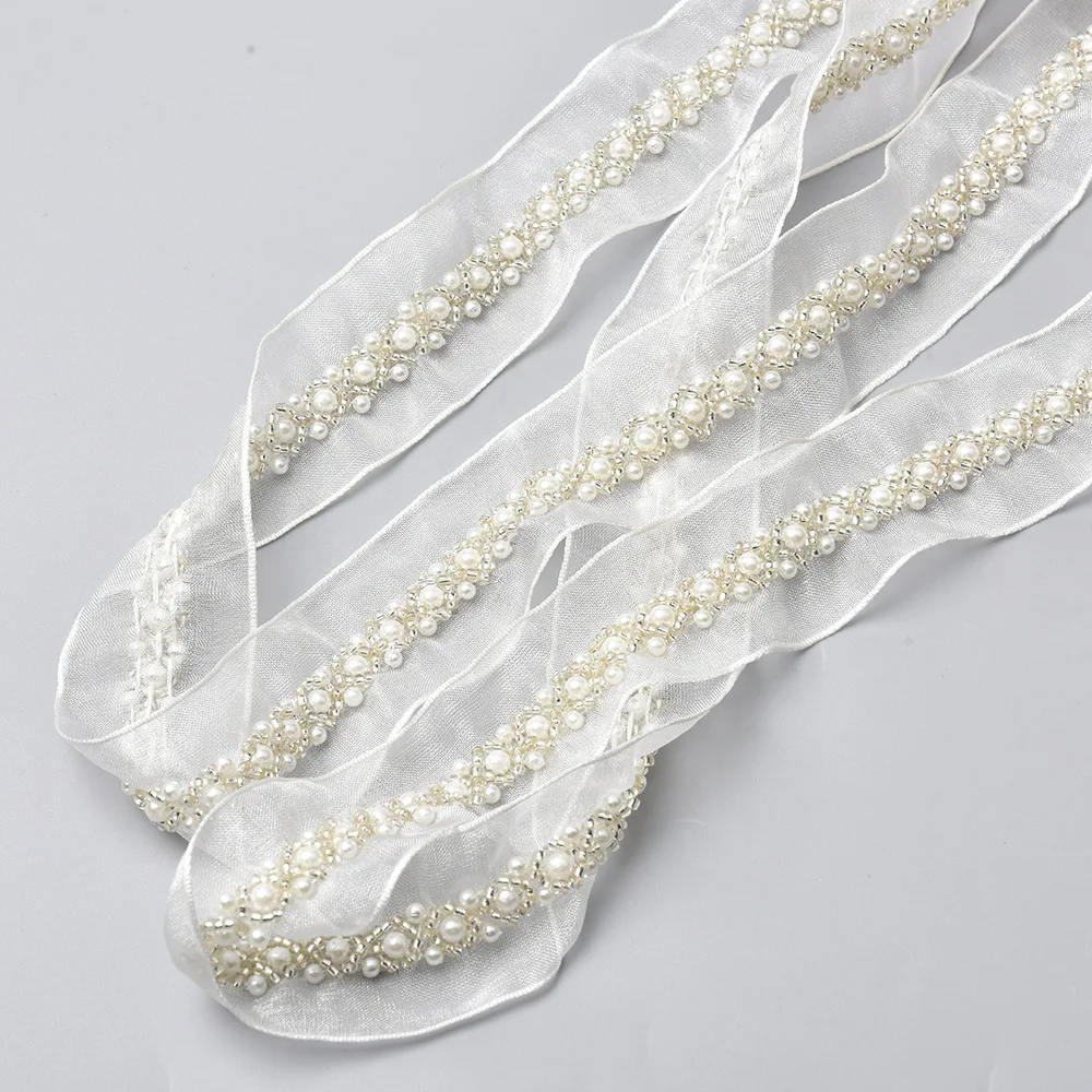 Fashion Rhinestone Pearls Beaded Fabric Lace Trimming Sew on Ribbon for Garment