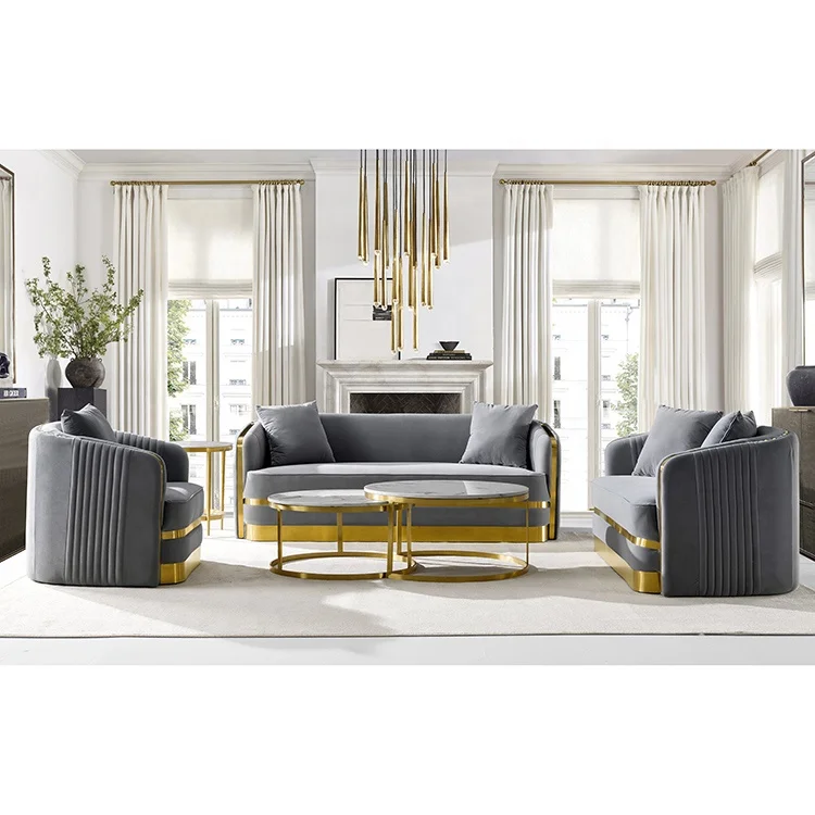 Современная задняя серая 2 3 местная Бархатная обивка из ткани Золотой нержавеющей стали диван