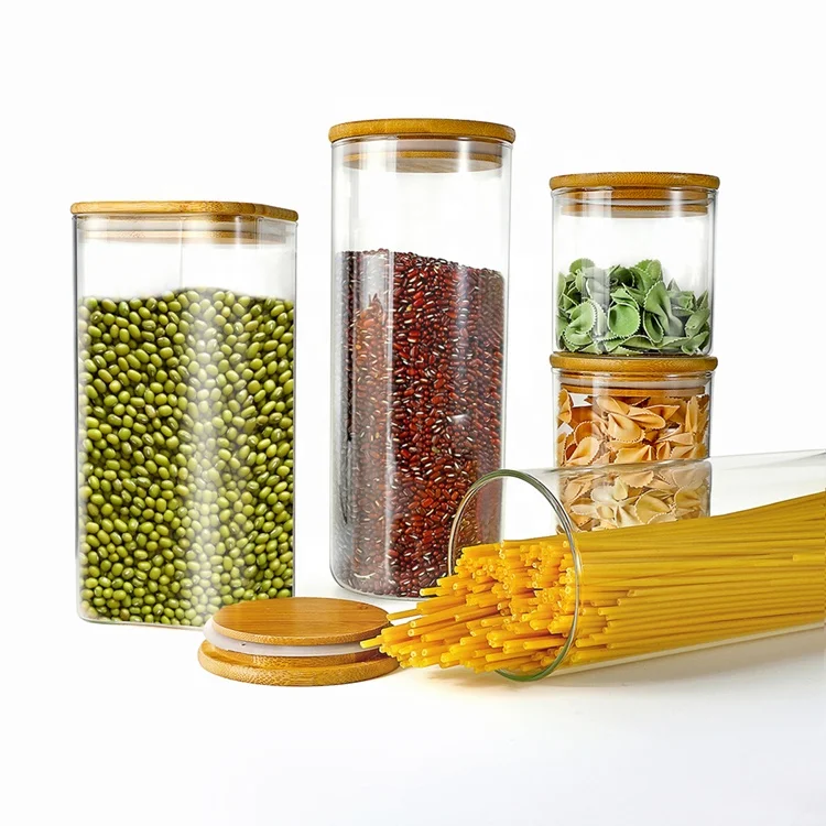  Glass Food Storage Containers Sets Airtight Jars With Bamboo Wooden Lids Kitchen Canisters For Sugar Candy Cookie Spice