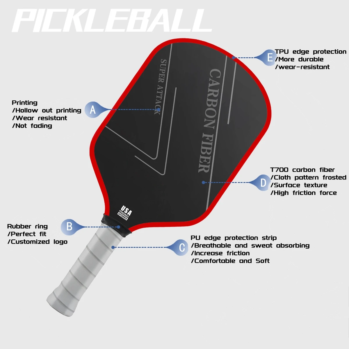 Pickleball Paddle - Ultimate HIGH END 16 мм японский Toray T700 сырое углеродное волокно CFS с отличной шероховатостью текстуры