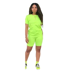 2023 fashion short sleeves neon two pieces shorts set casual 2 piece women jogger sweat pants
