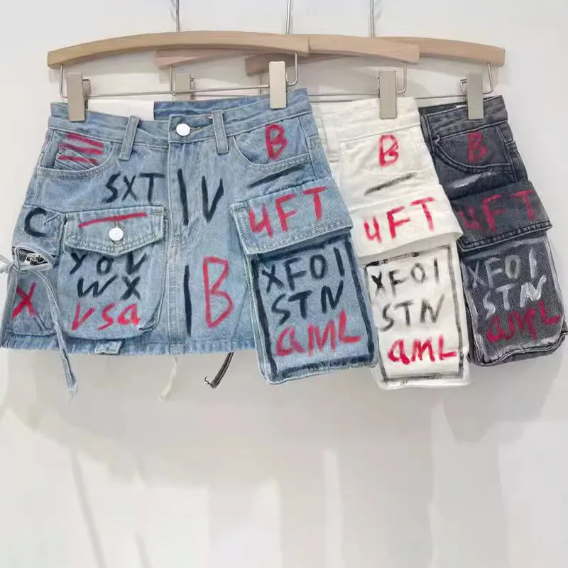wholesale fashion asymmetrical blue cargo jean skirts high waist Graffiti short mini denim skirt women