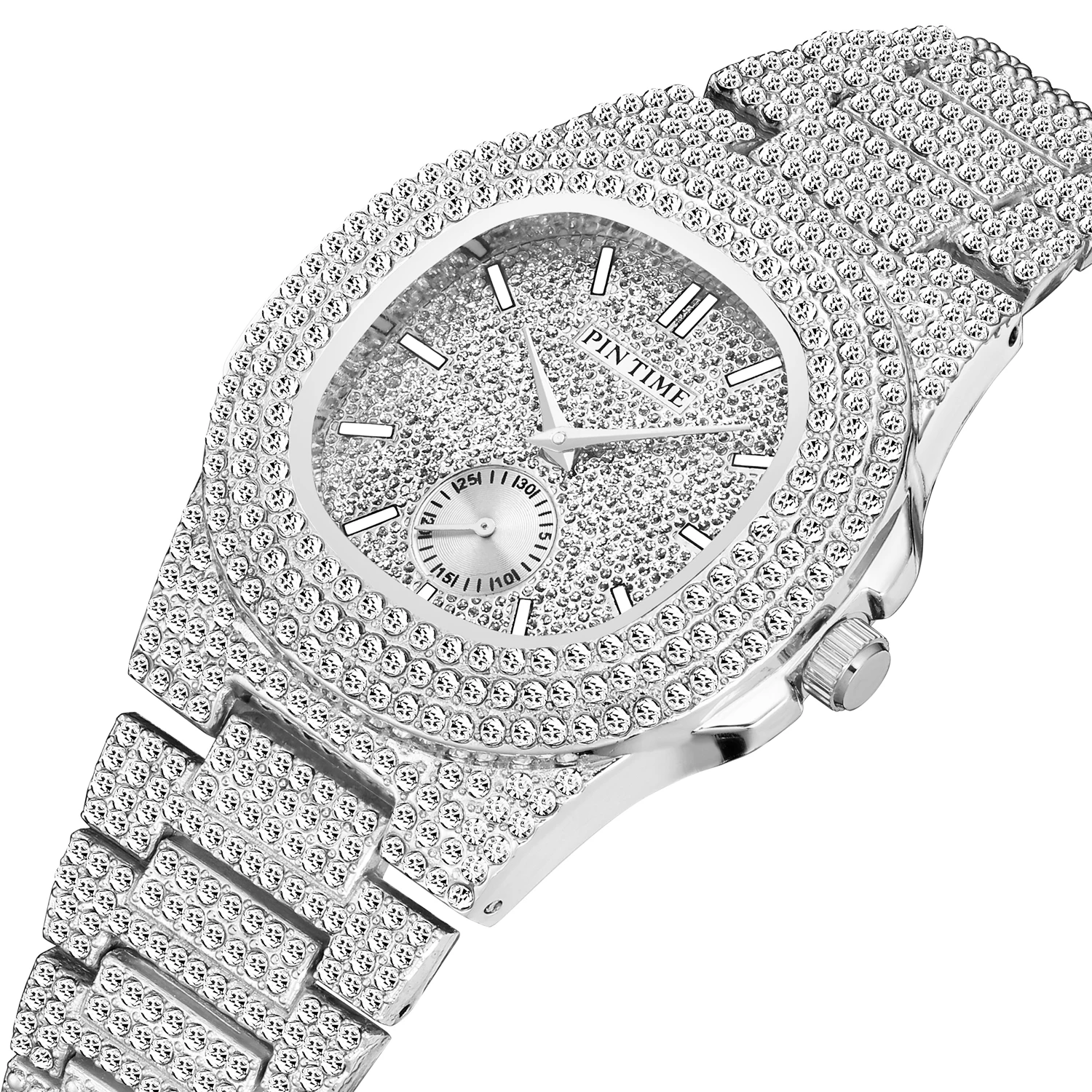 PINTIME high end gold watches in dubai custom logo waterproof quartz bling bling Wrist Mens Diamond Watch