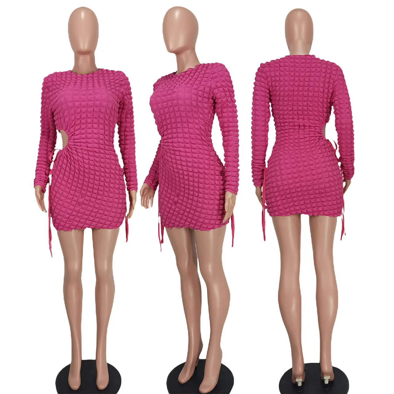 Hot selling Fashionable drawstring elastic bubble pattern hollow puffer long sleeve sexy mini dress women party bodycon dress