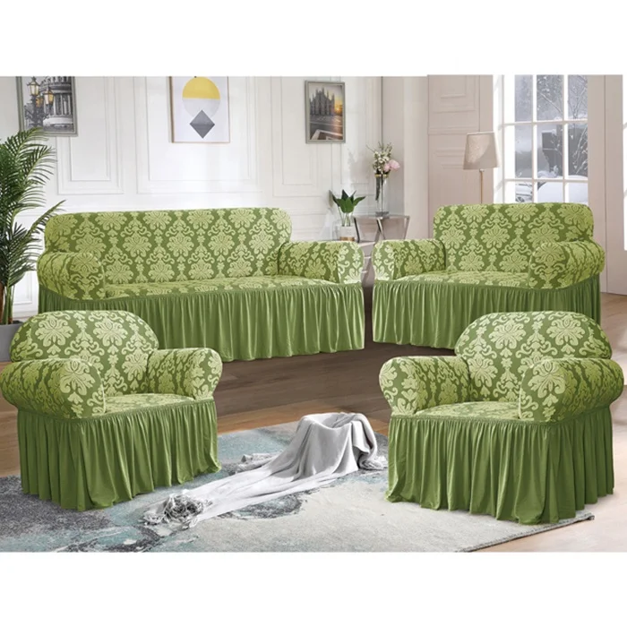 Anti Slip High Stretchable Knitted Jacquard Slipcover Ruffle 3 Seater Sofa Couch Cover