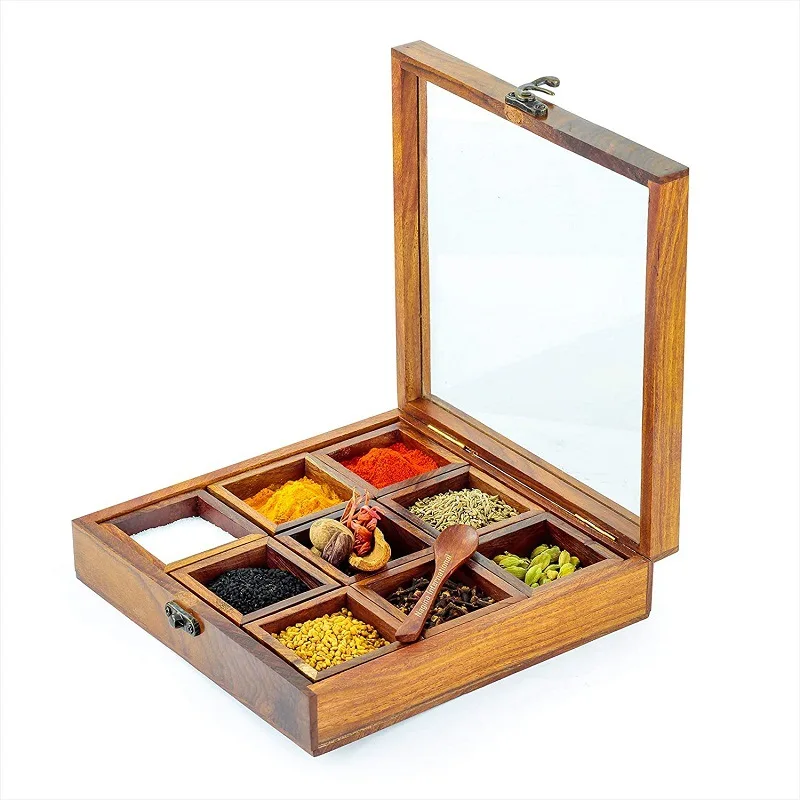 Masala box dabbalock wooden spice rack containerutility box hand crafted square spice box