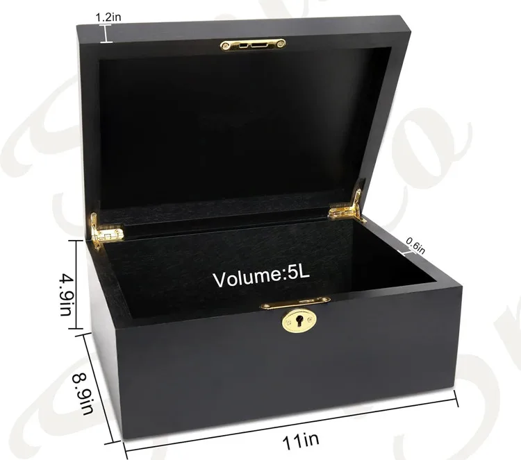 Large Capacity Antique Acacia Wood Keepsake Organizer Case Handmade Black Wooden Jewelry Storage Box With Hinged Lid