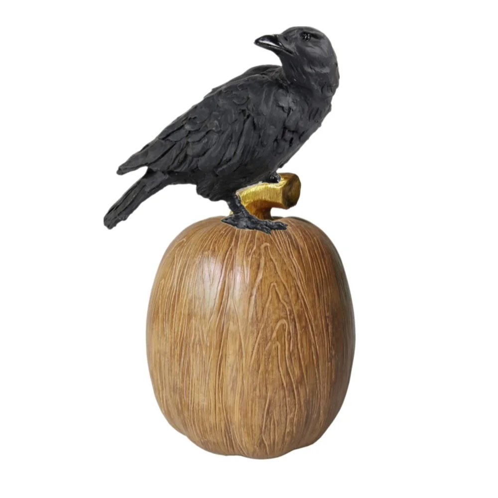 8 Inch Home Decor Halloween Tabletop Wood Effect Resin Raven and Pumpkin Decoration Polyresin Crow Statue on Pumpkin Decoration