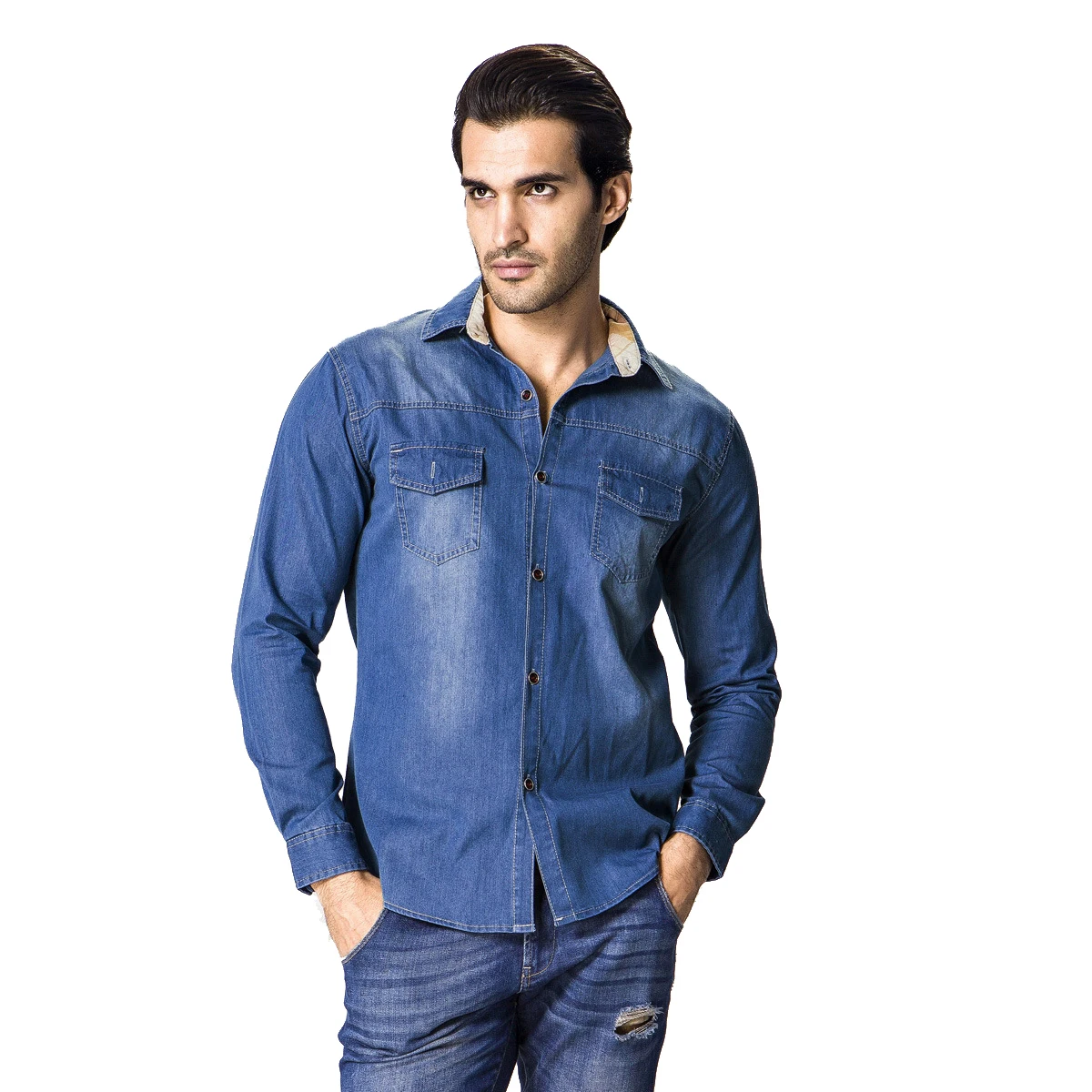 Custom Design Double Pockets Washed Cotton Denim Shirt Long Sleeve Casual Breathable Button Down Shirts for Men